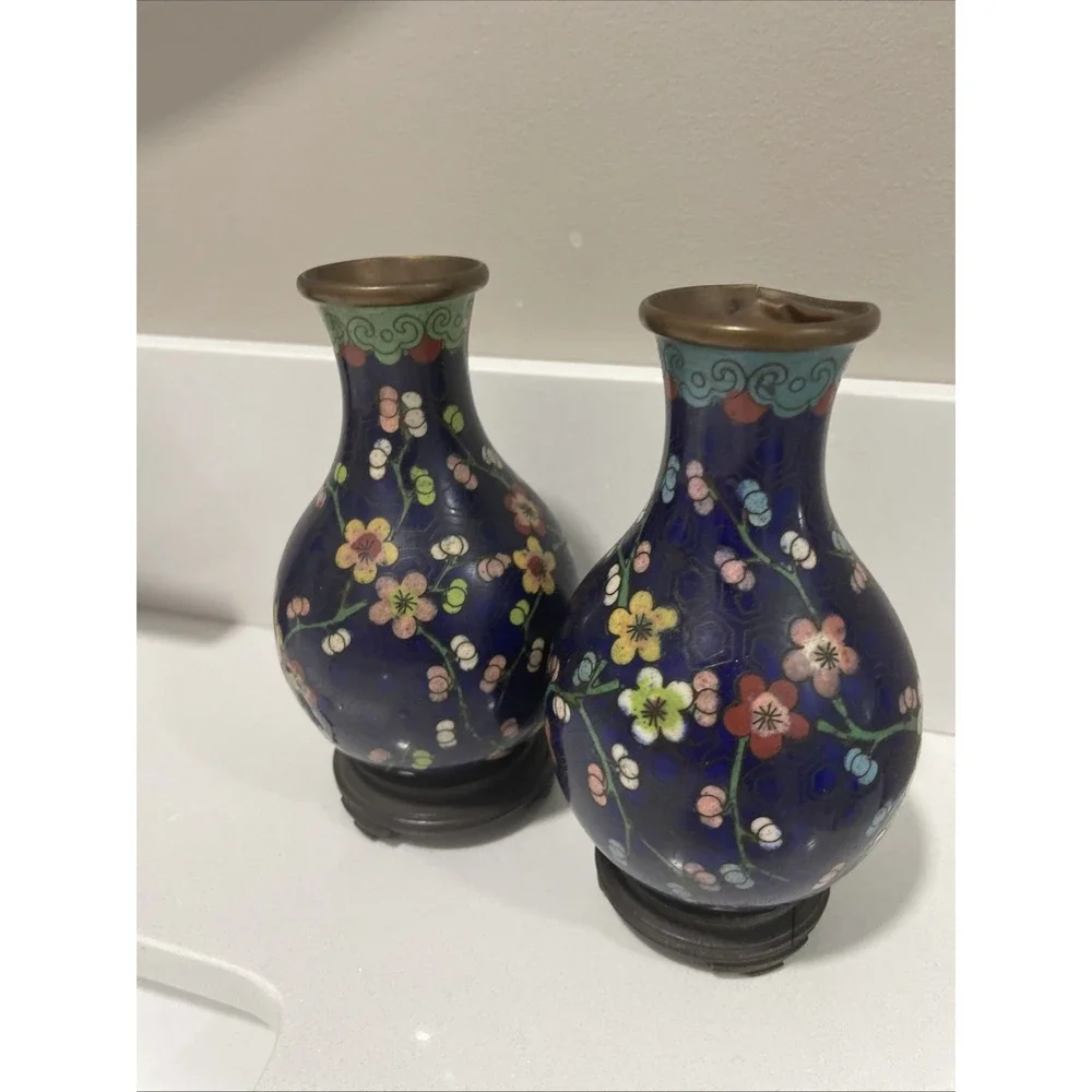 Pair 2‎ Chinese Cloisonne Cobalt Blue Cherry Blossom Floral Enameled Vases 5.5